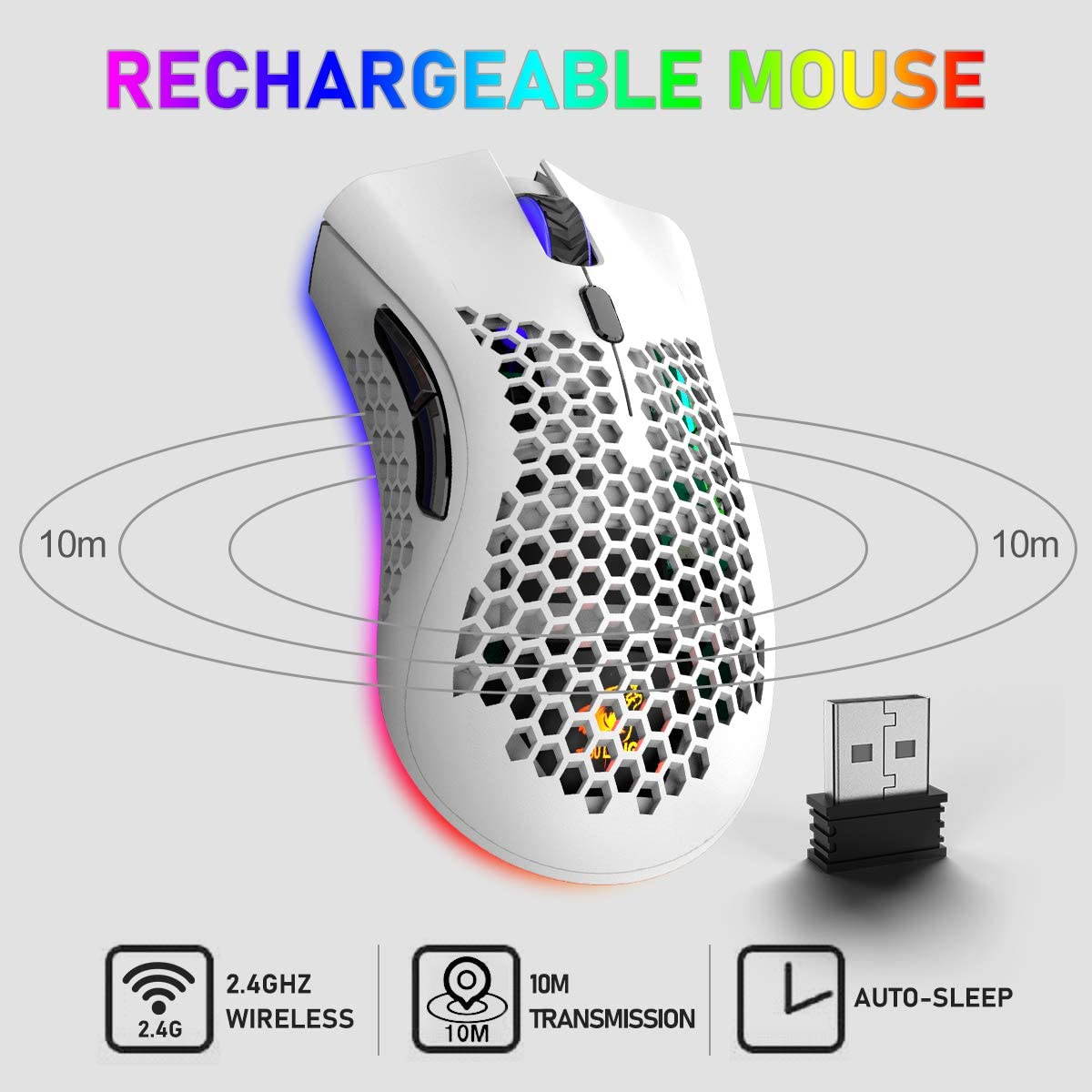 Wireless Lightweight Gaming Mouse Honeycomb with 7 Button Multi RGB Backlit Perforated Ergonomic Shell Optical Sensor Adjustable DPI Rechargeable 800 mAh Battery USB Receiver for PC Mac Gamer