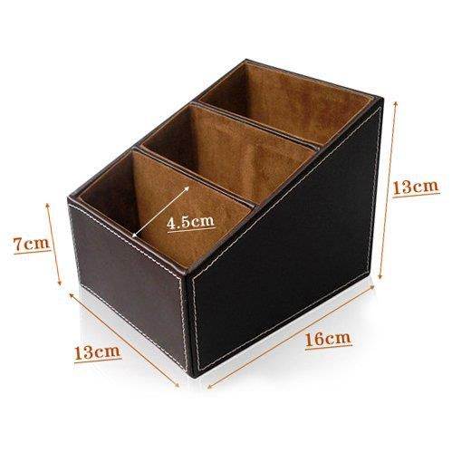Yaekoo 3 Slots Wooden Struction Leather Multi-function Desk Stationery Organizer Storage Box Pen/Pencil ,Cell phone, Business Name Cards Remote Control Holder Colors (Brown)