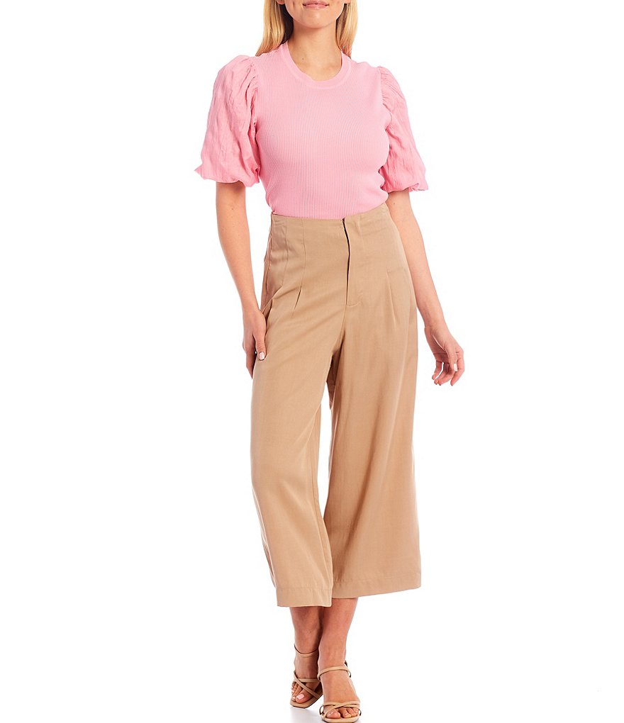 Lucy Paris Mixed Media Ribbed Knit Crew Neck Puff Short Sleeve Top