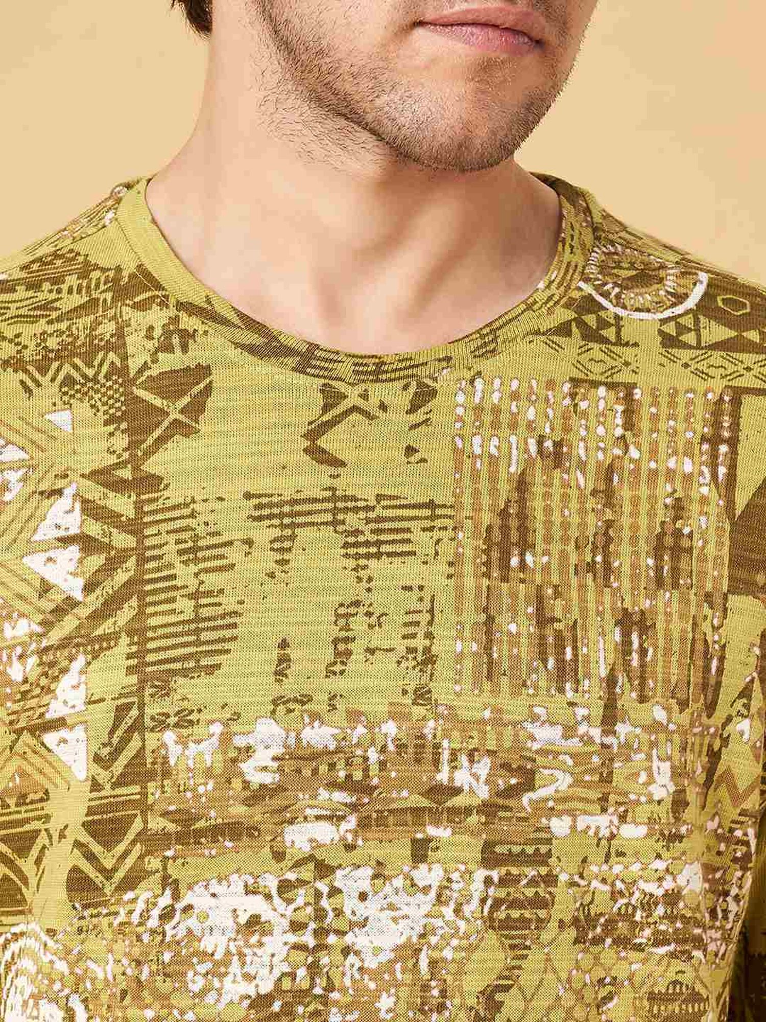7 Alt by Pantaloons Olive Green Cotton Regular Fit Printed T-Shirt