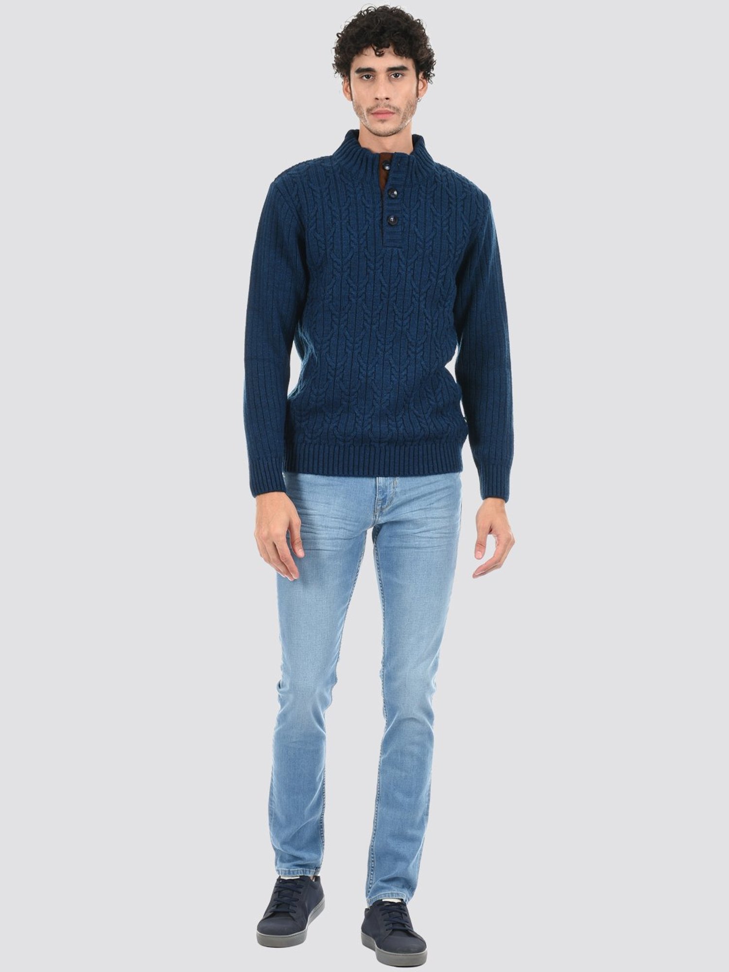 London Fog Blue Regular Fit Texture Sweater