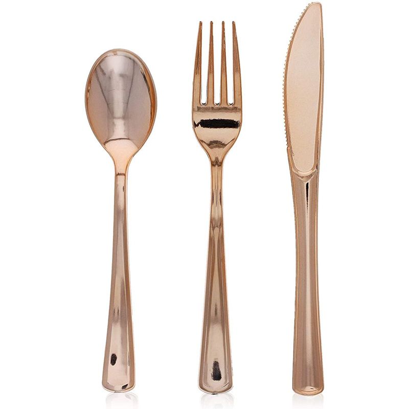 Sparkle and Bash 72 Pack Plastic Metallic Rose Gold Cutlery, Disposable Dinnerware Set