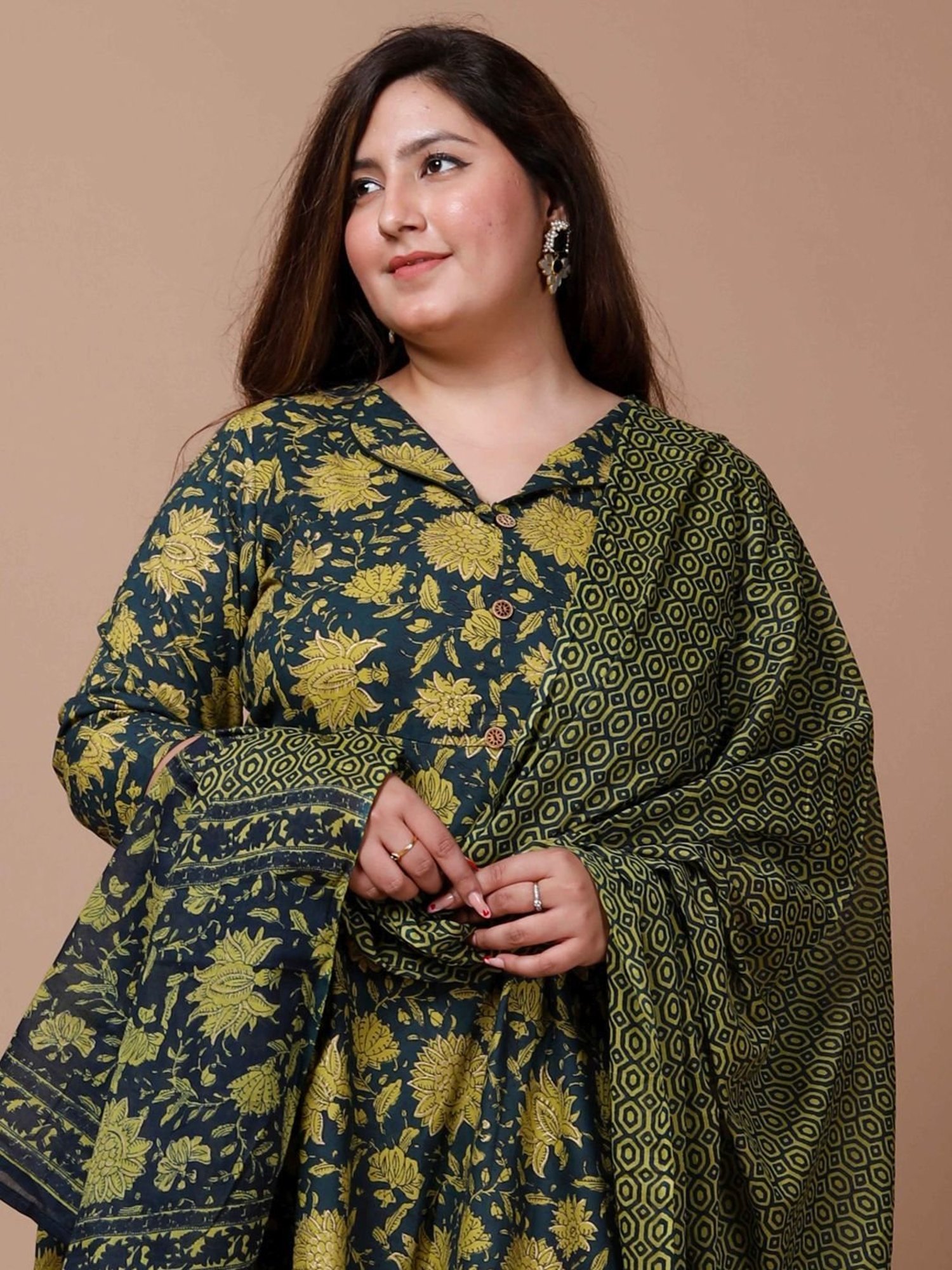 Miravan Green Cotton Floral Print A Line Kurta With Dupatta