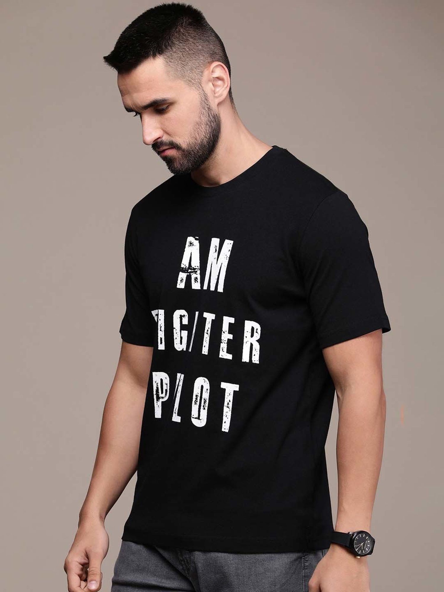 Burnt Umber Black Regular Fit Printed Crew T-Shirt