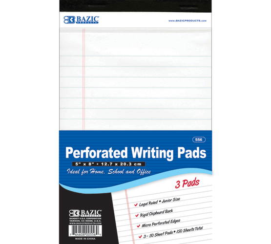 Bazic 556- 24 50 Ct. 5 in. x 8 in. White Jr. Perforated Writing Pad- Pack of 24