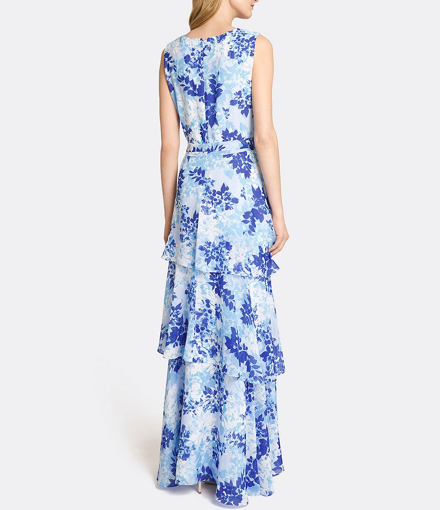 Tahari ASL Floral Chiffon Ruffle Faux Wrap Maxi Dress