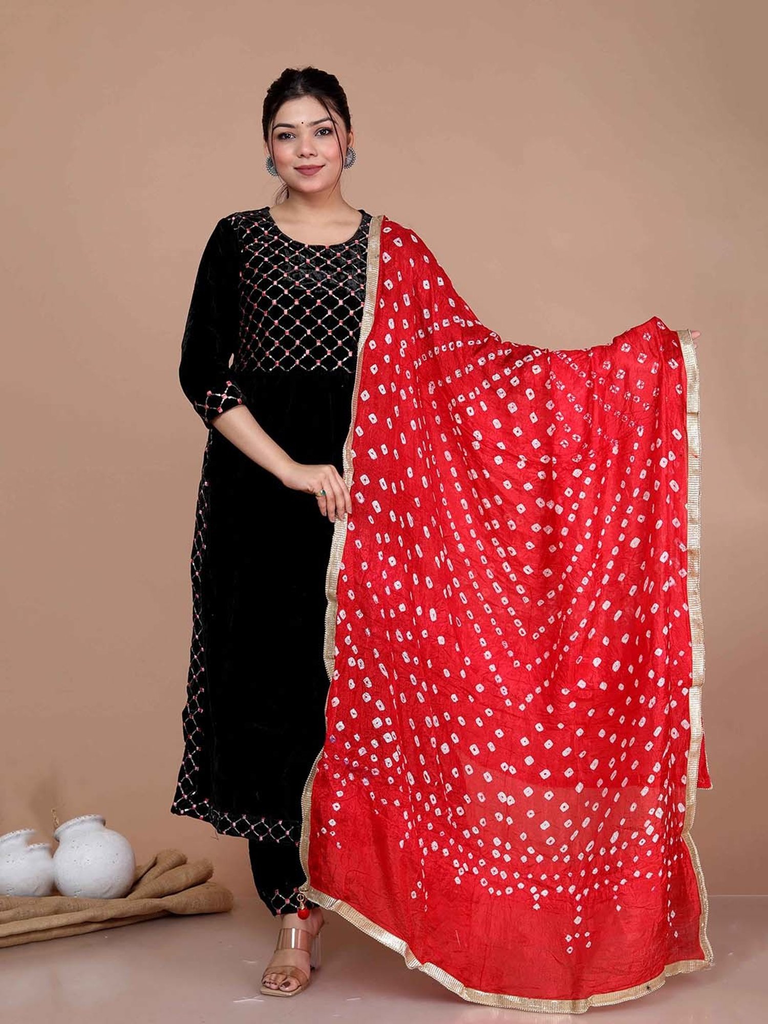 Miravan Black Embroidered Kurta With Palazzo & Dupatta