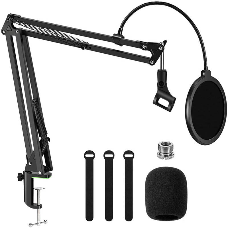 Microphone Arm Stand,Adjustable Suspension Boom Scissor Mic Stand with Filter, 3/8" to 5/8" Adapter, Mic Clip