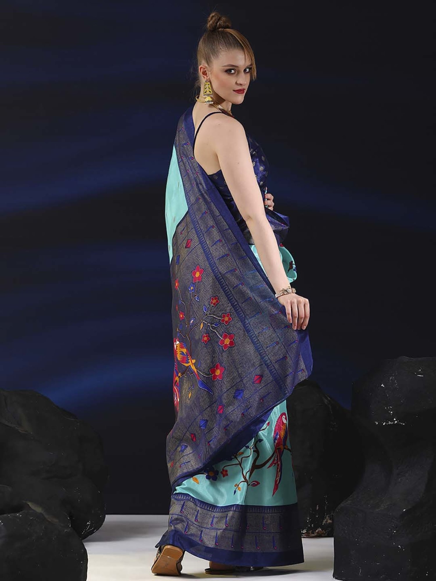 Saree Mall Blue Silk Printed Saree With Unstitched Blouse