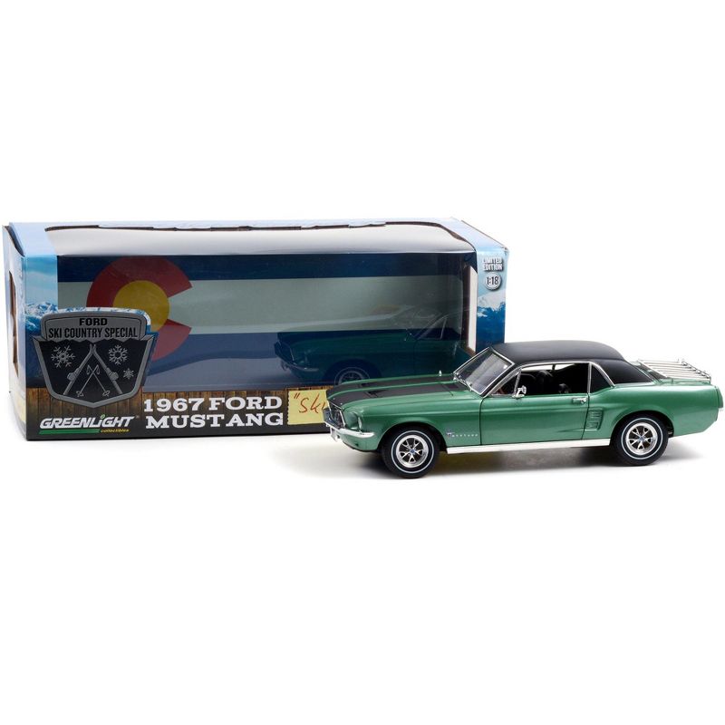 1967 Ford Mustang Coupe Loveland Green Metallic w/Black Stripes & Black Top & a Pair of Skis 1/18 Diecast Model Car Greenlight