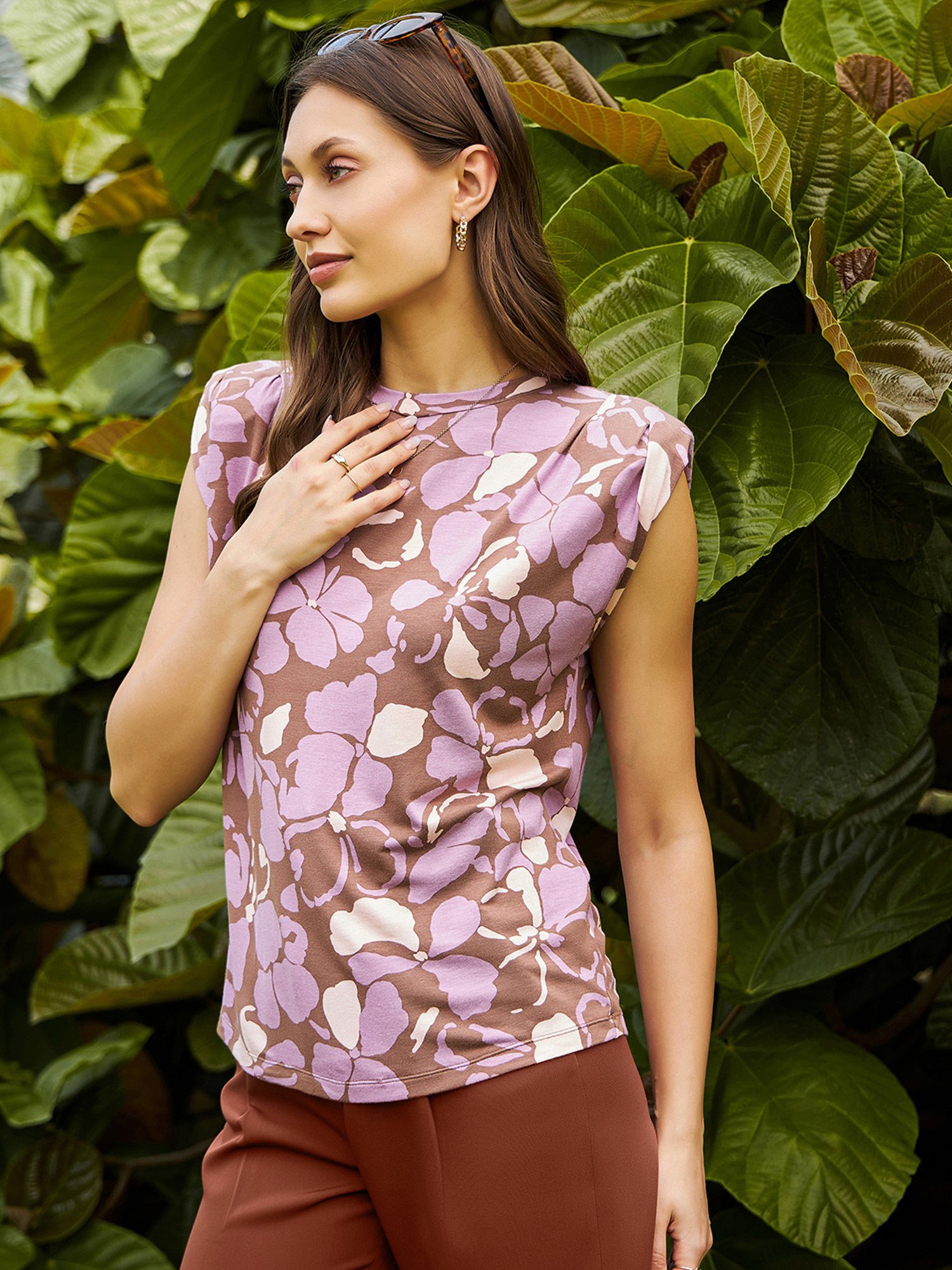 KASSUALLY Mauve Cotton Floral Print T-Shirt