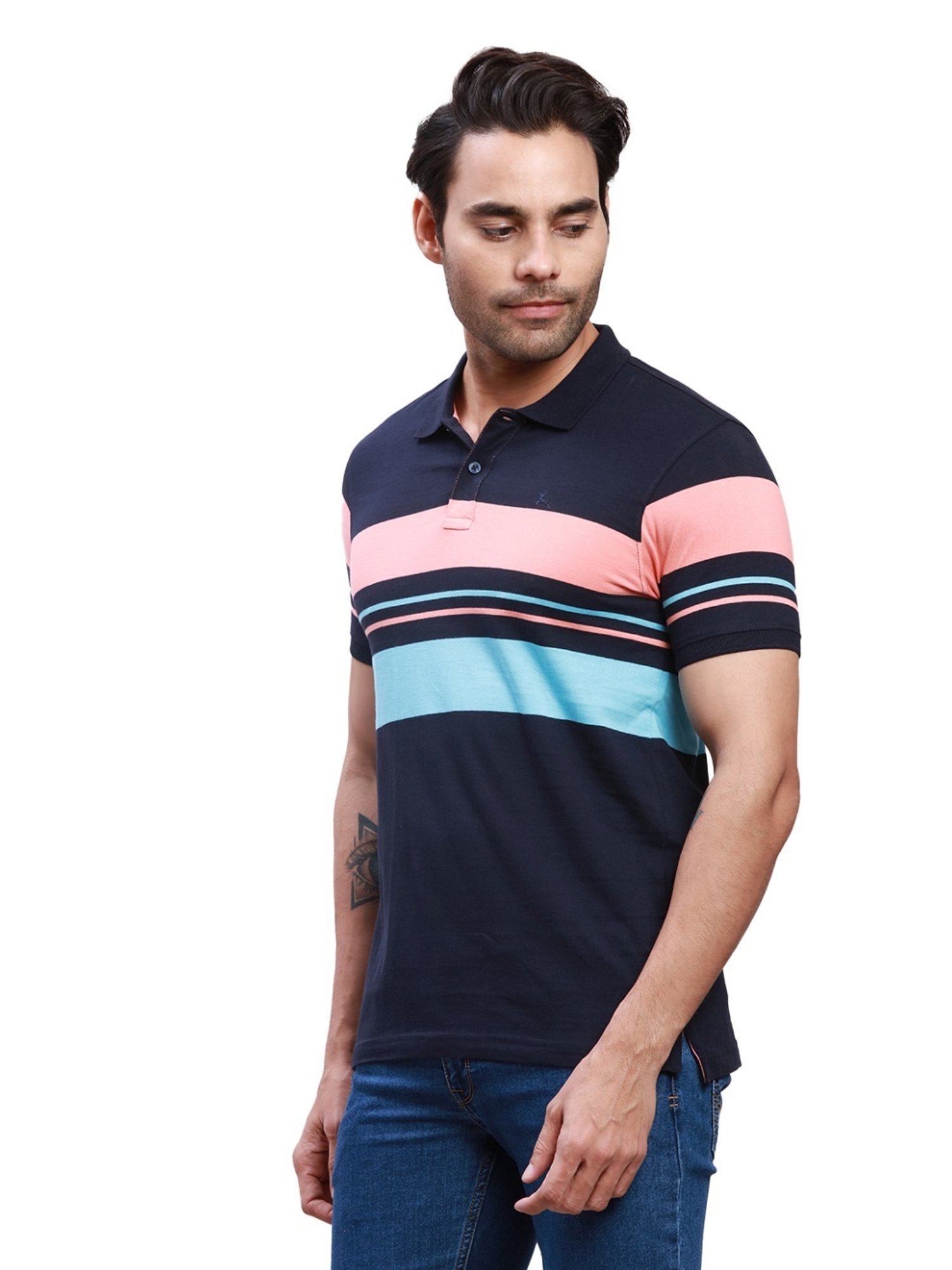 Parx Dark Blue Cotton Regular Fit Colour Block Polo T-Shirt
