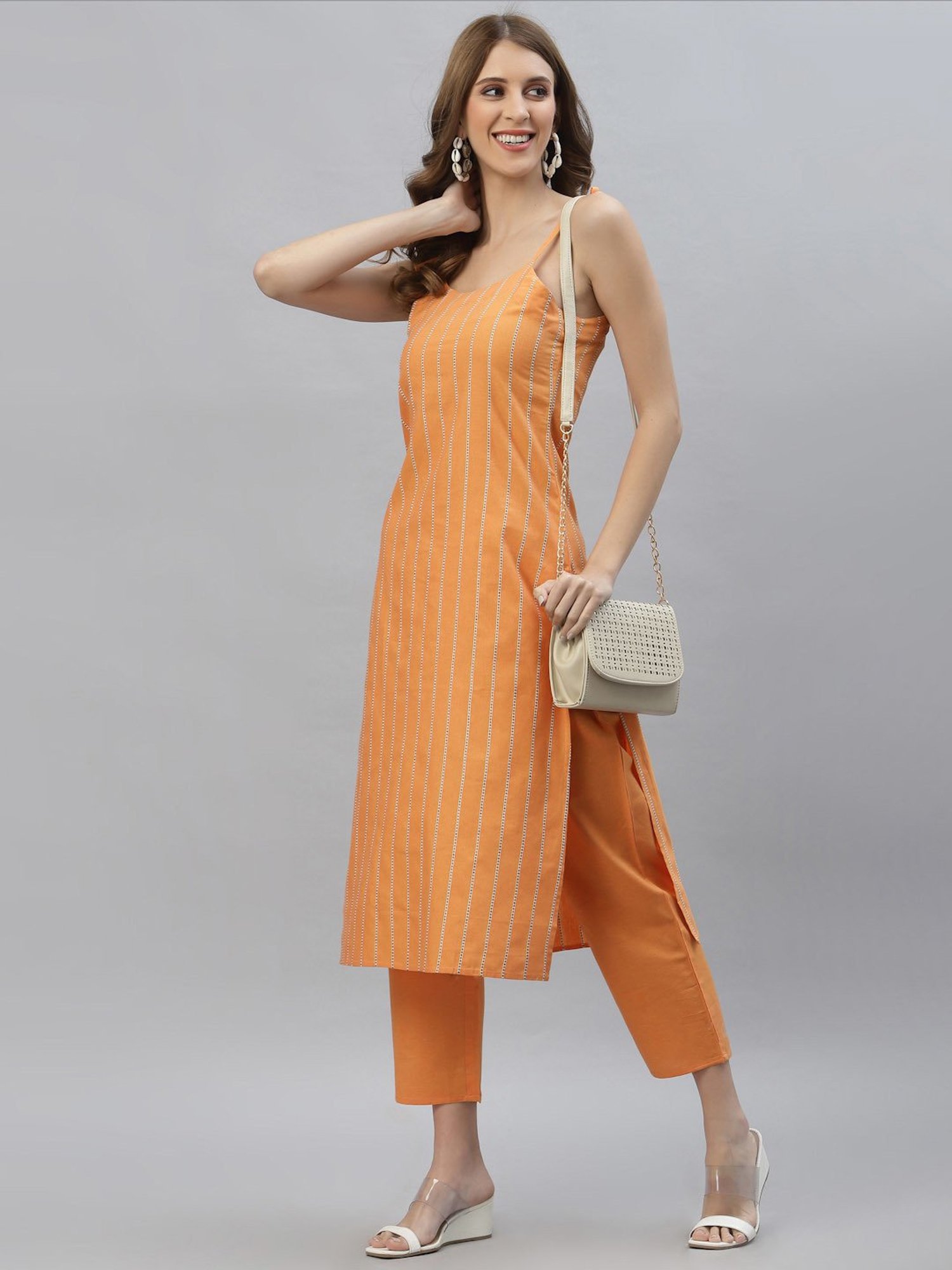 Stylum Orange Striped Kurta pant Set