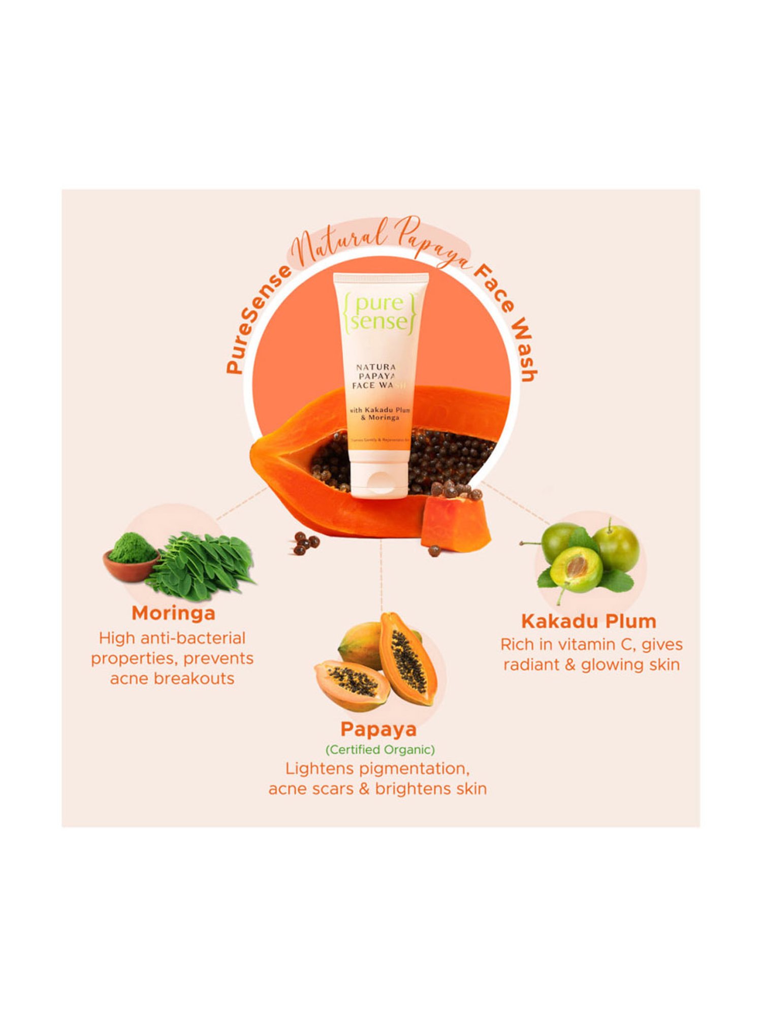 Pure Sense Natural Papaya Face Wash with Kakadu Plum & Moringa - 100 gm