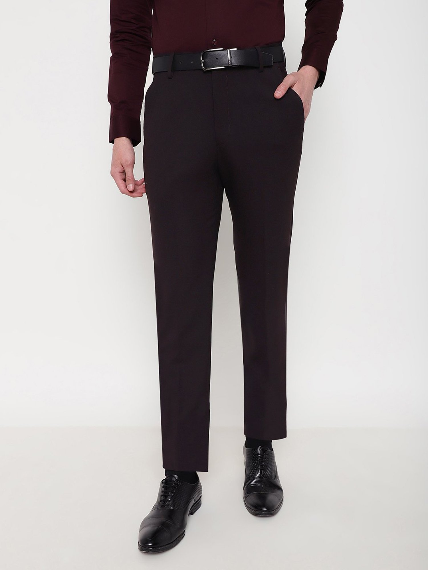 SUBTRACT Dark Wine Slim Fit Flat Front Trousers