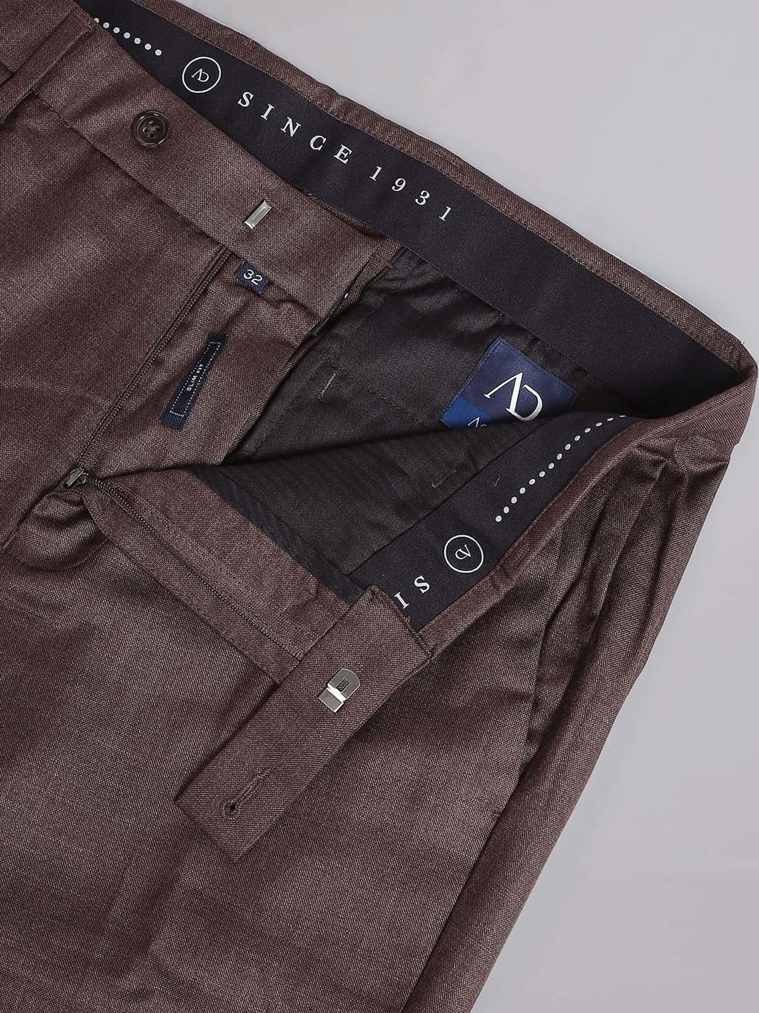 AD by Arvind Dark Brown Slim Fit Flat Front Trousers
