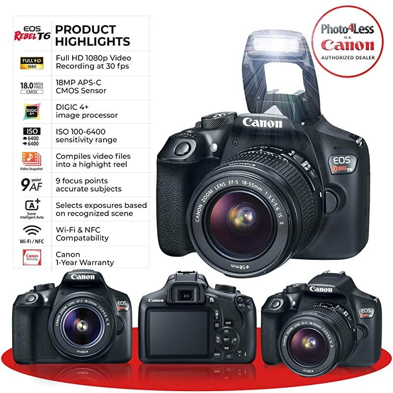 EOS Rebel T6 Digital SLR Camera with 18-55mm EF-S f/3.5-5.6 is II Lens + 58mm Wide Angle Lens + 2X Telephoto Lens + Flash + 48GB SD Memory Card + UV Filter Kit + Tripod + Full Accessory Bundle
