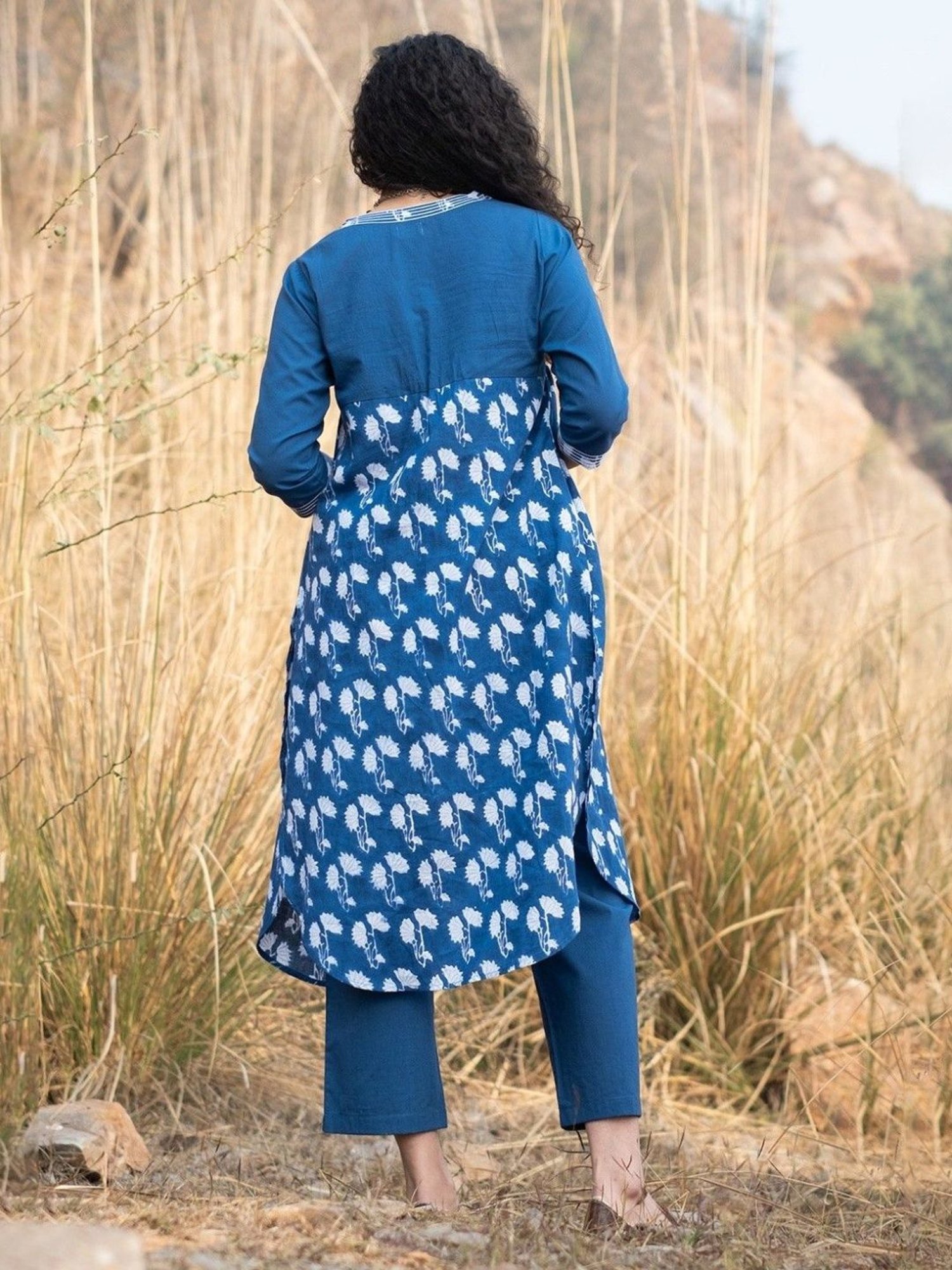Akiso Neela Indigo Block Printed Gathered Kurta With V Neck Embroidered Neckline