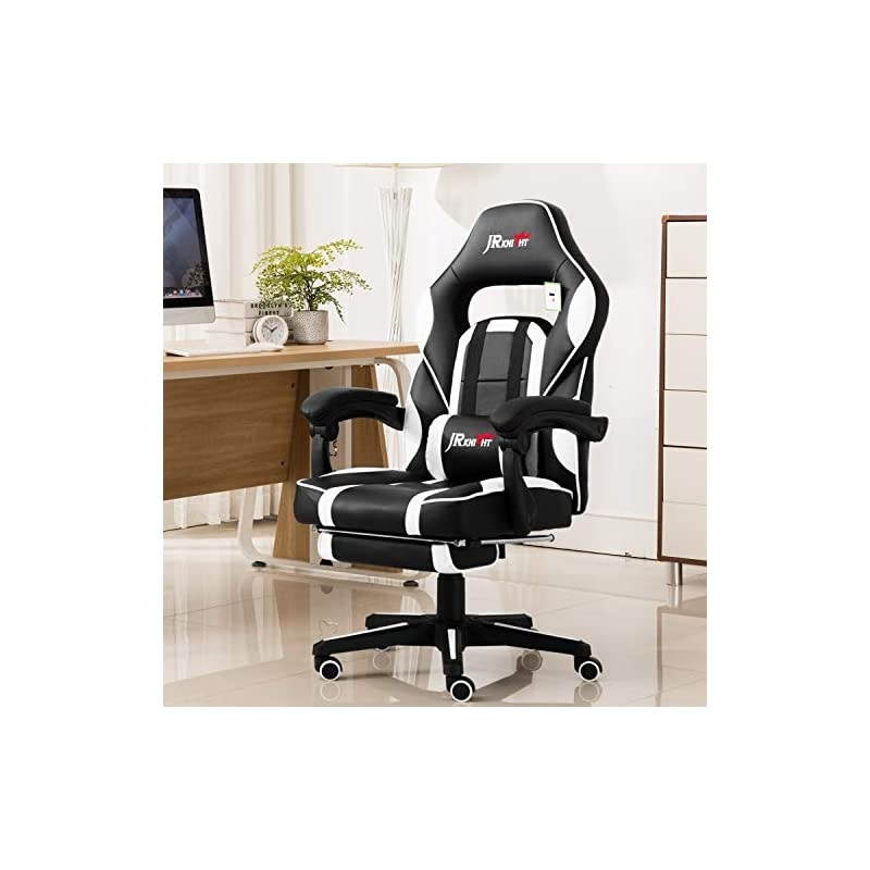 Ergonomic Gaming Chair with Footrest, Professional Gamer Design Home Office Computer Executive Swivel Racing Chair, PU Leather Padding Desk Chair (Black&White)