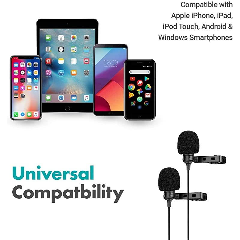 Professional Lavalier Lapel Clipon Interview Podcast Microphone with Secondary Mic and Headphone Monitoring Input for iPhone iPad Samsung Android Smartphones Tablets Podcast Equipment