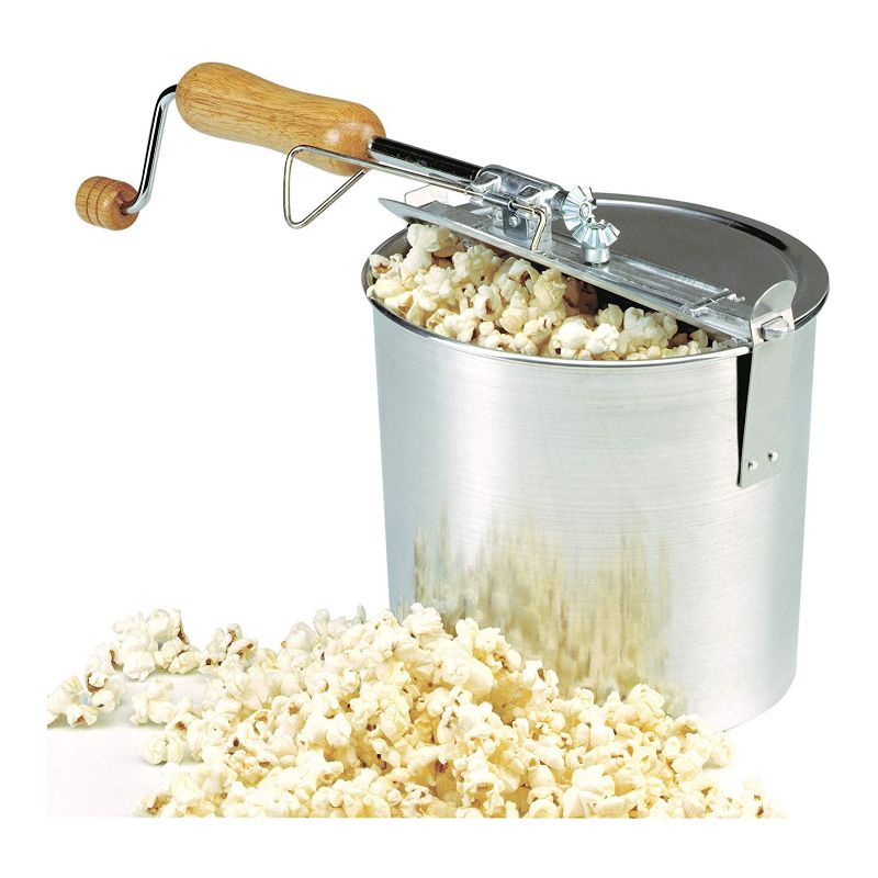 Norpro 4 Quart/3.8 Liter Old Time Aluminum Stovetop Popcorn Popper with Wooden Handle Hand Crank and Included Recipes, Silver