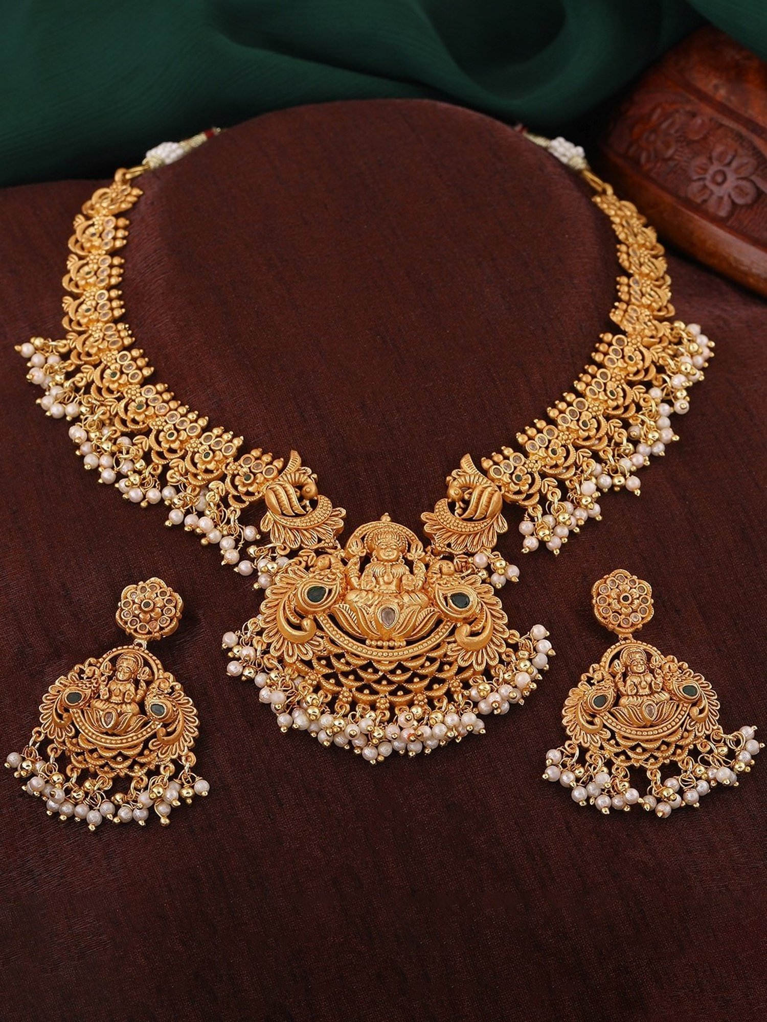 Estele Gold-Plated CZ Divine Lakshmi Devi Designer Bridal Necklace Set with Pearls for Women
