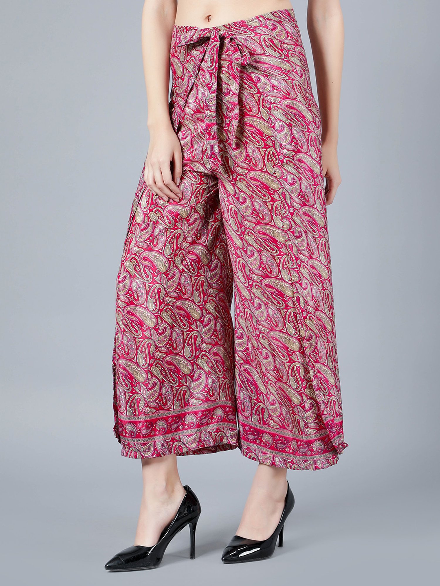 Aditi Wasan Maroon Printed Relaxed Fit Mid Rise Trousers