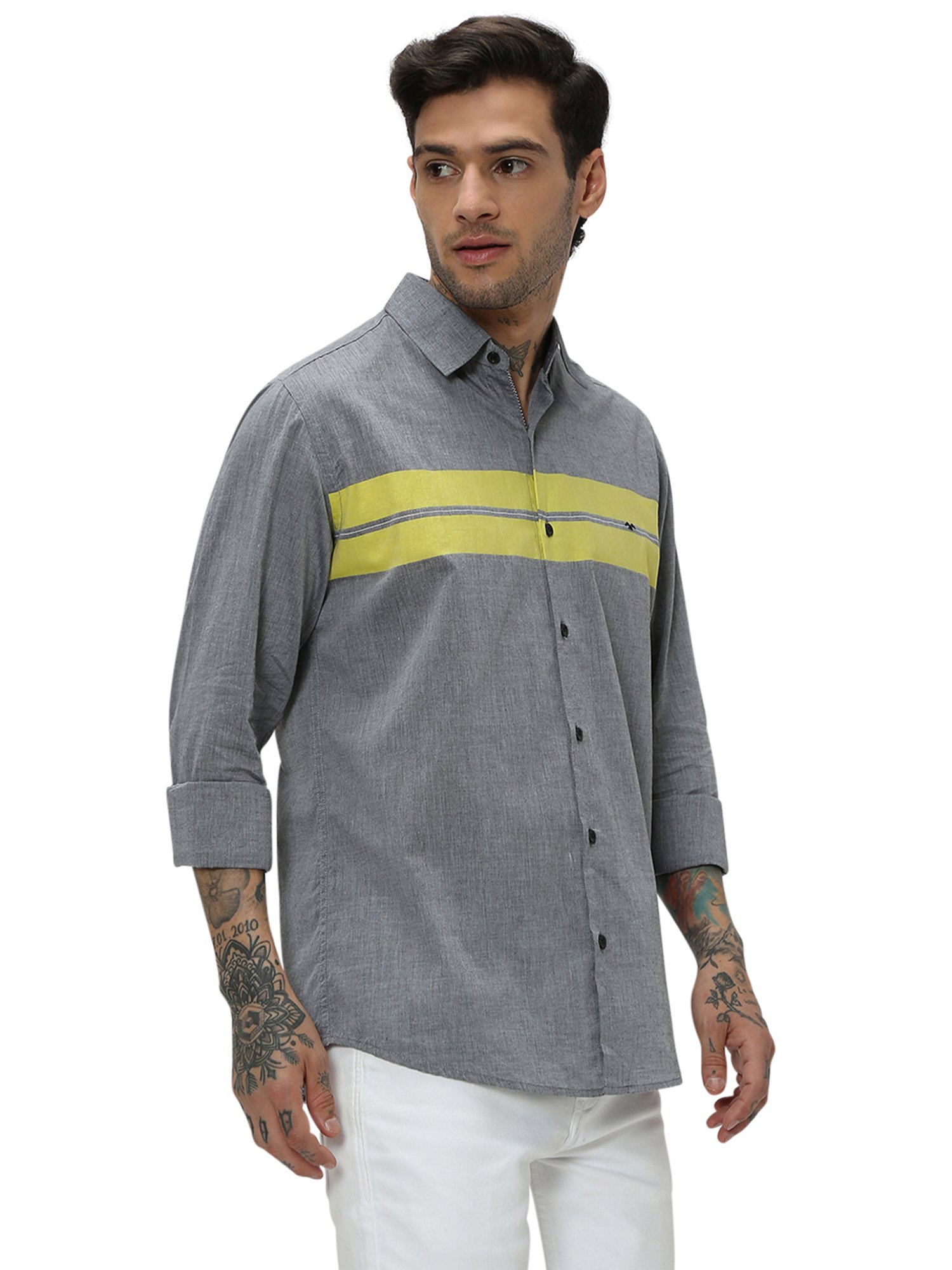 Mufti Grey Slim Fit Striped Cotton Shirt