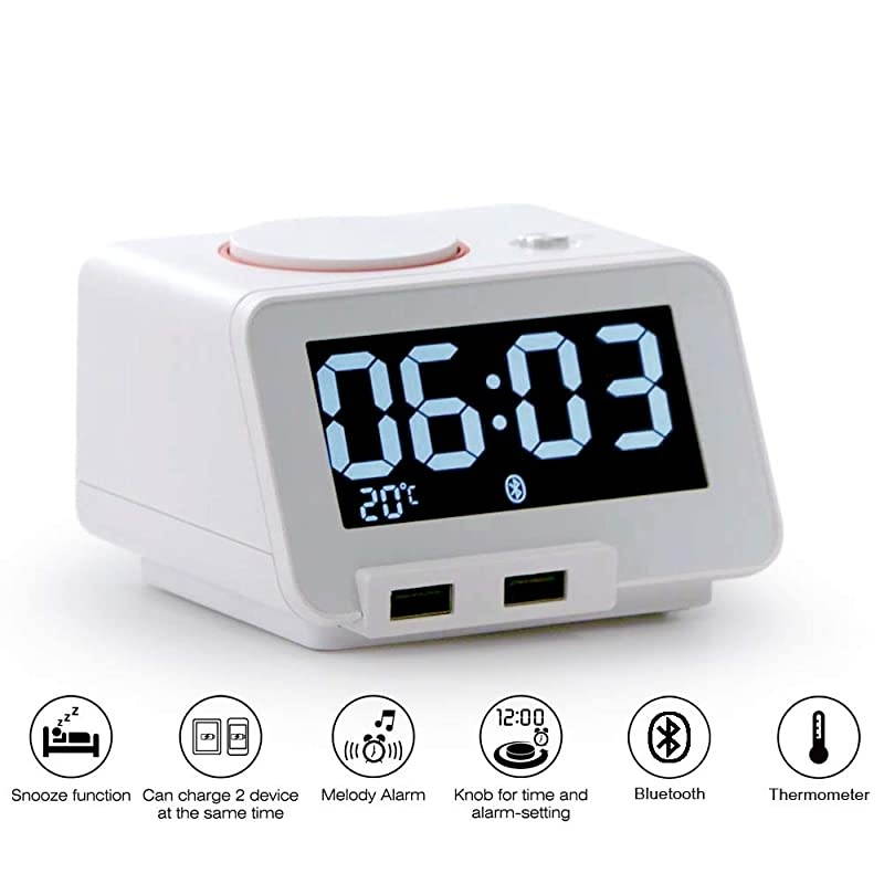 Upgraded Version]  Alarm Clock for Bedrooms with Bluetooth Speaker, 2-Port Universal USB Charger, Large 4 Level Dimmable LCD Screen, Snooze &ndash; White