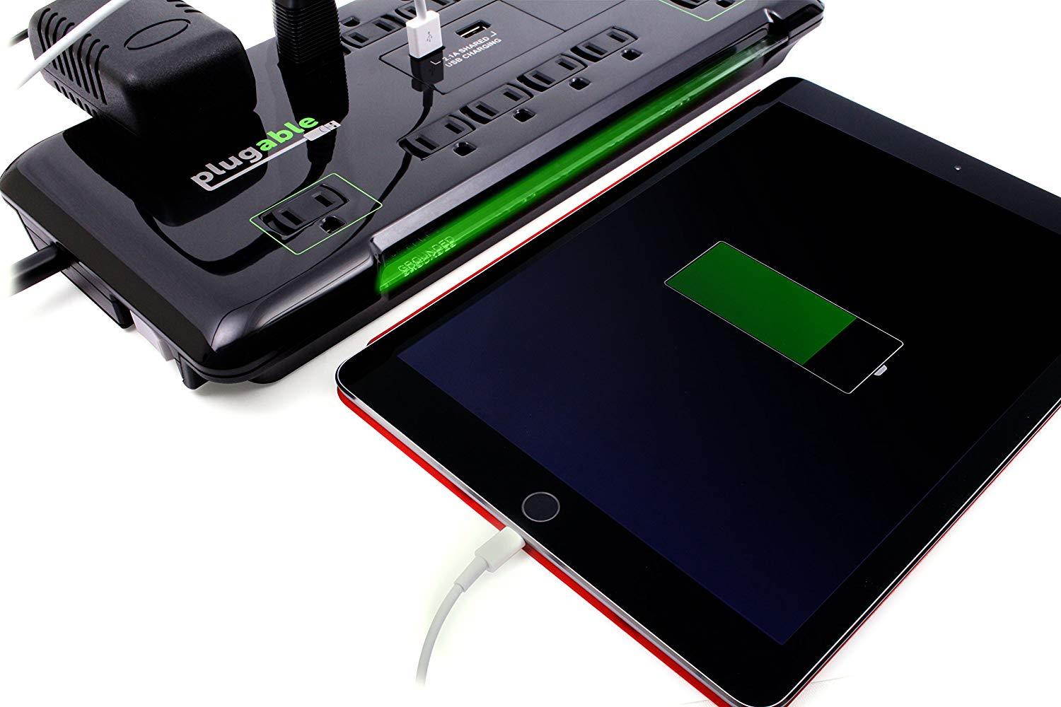 Plugable 12 AC Outlet Surge Protector - 25 Foot Power Cord with 2 Built-in USB Ports (10.5W USB Total) (Black)