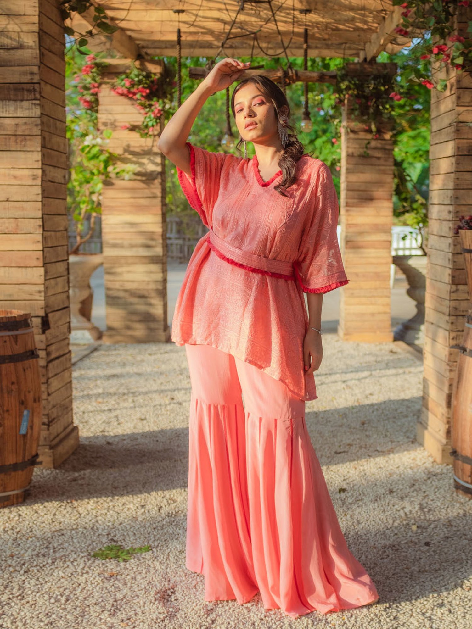 Monk and Mei Suraiya Chikankari Kaftan, Sharara & Belt - Peachy Melon