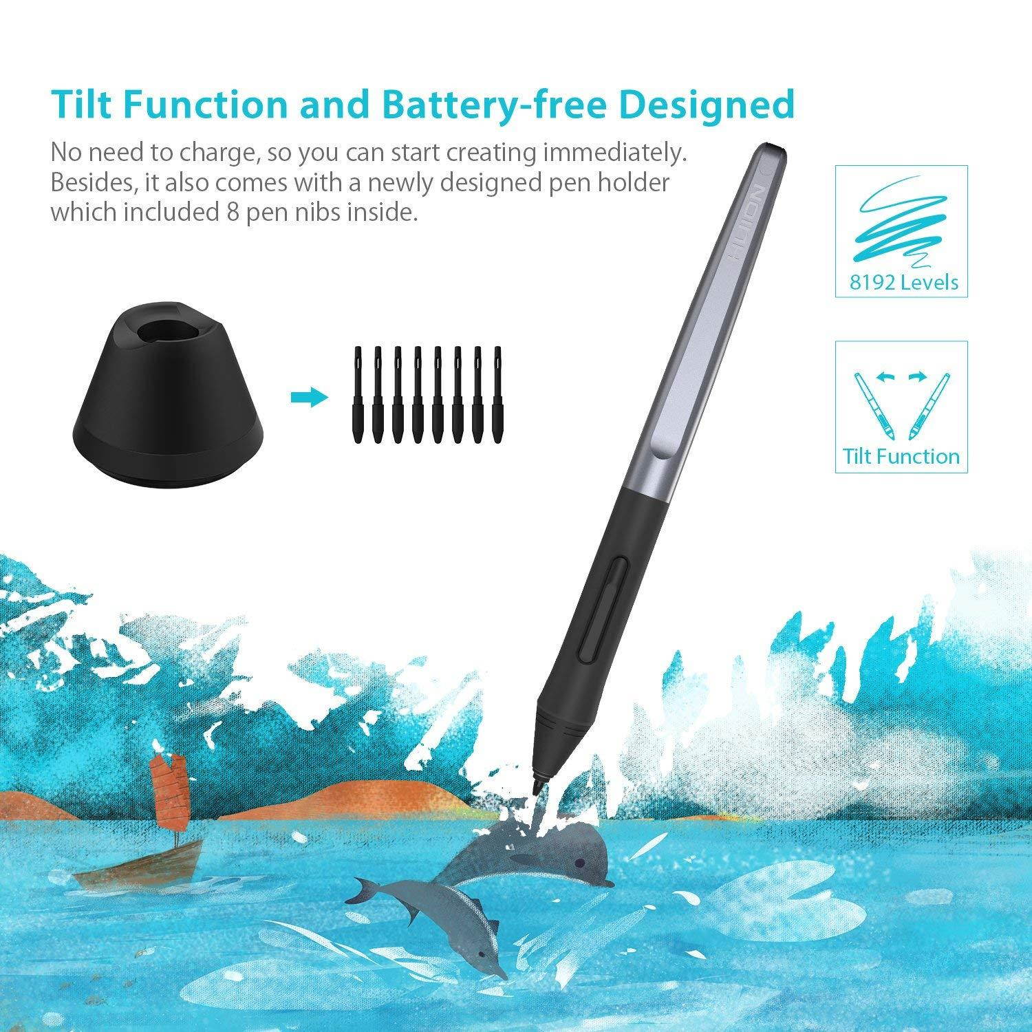 Huion H610 Pro V2 Graphic Drawing Tablet Tilt Function Battery-Free Stylus and 8192 Pen Pressure with 8 Pen Nibs