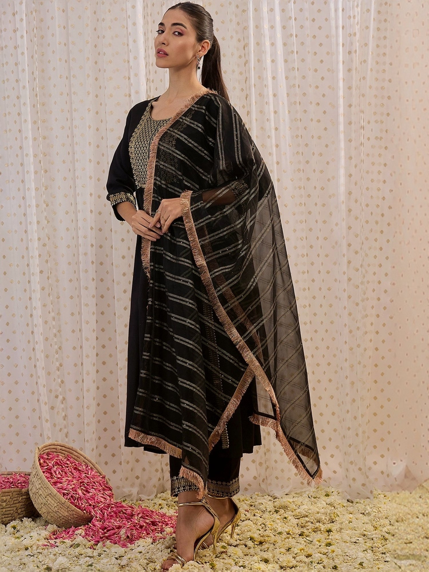 Indo Era Black Woven Pattern Kurta Pant Set With Dupatta