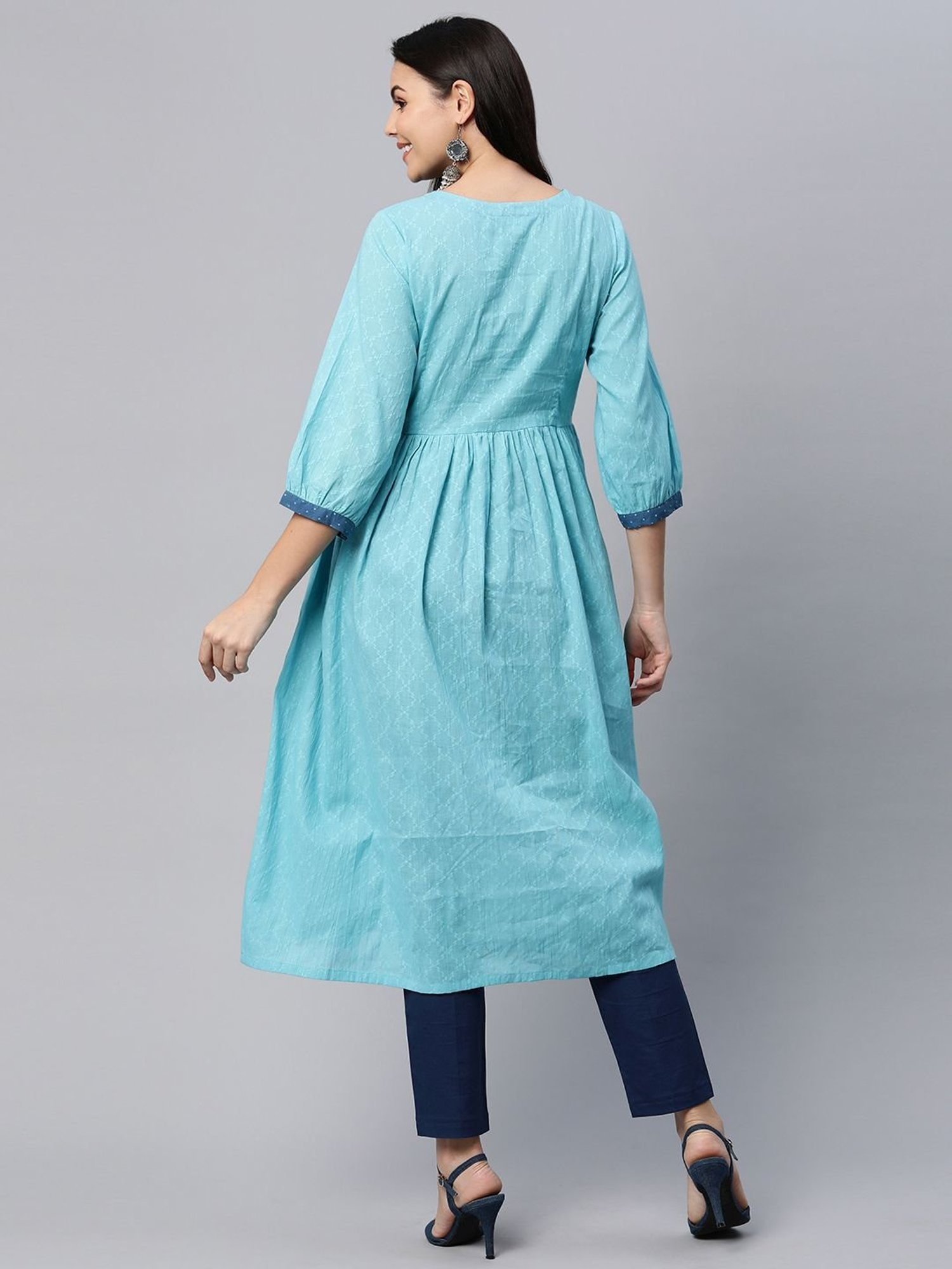 Kami Kubi Blue Cotton Woven Pattern A Line Kurta