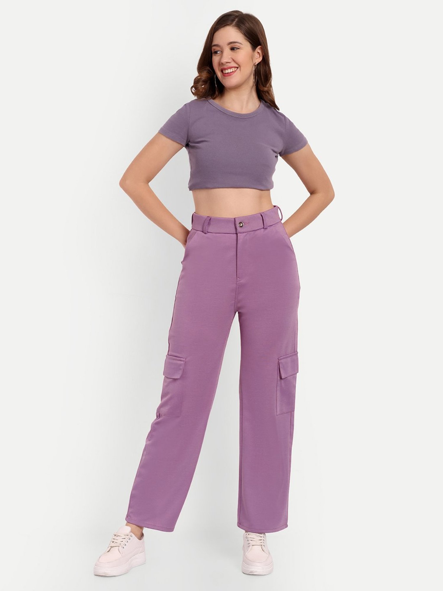 Broadstar Violet Straight Fit High Rise Cargo Pants