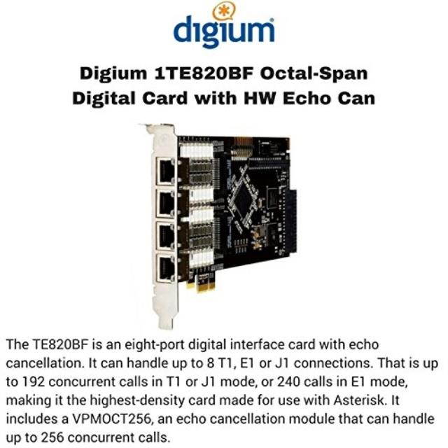 Digium Eight (8) Span Digital T1/E1/J1/PRI PCI-Express x1 Card and Hardware Echo Cancellation 1TE820BF
