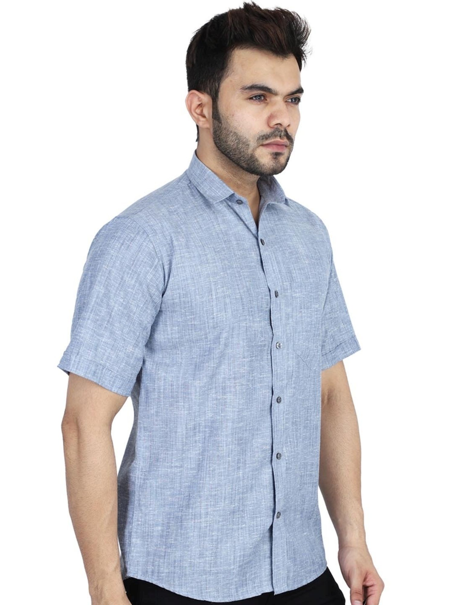 TAHVO Grey Linen Slim Fit Self Pattern Shirt