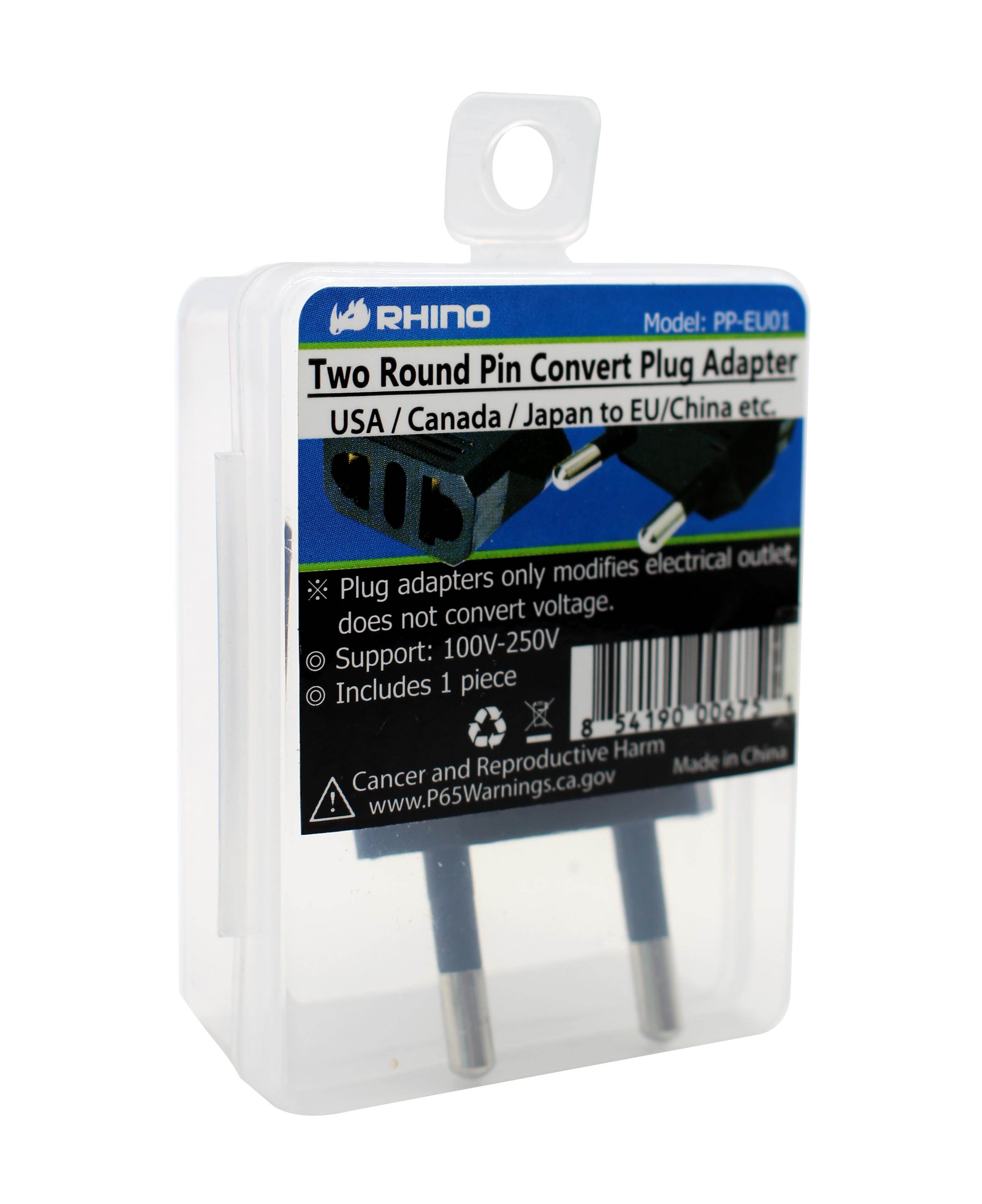 RHINO Power Plug Adapter USA to Europe Round Prong Travel Plug - Black