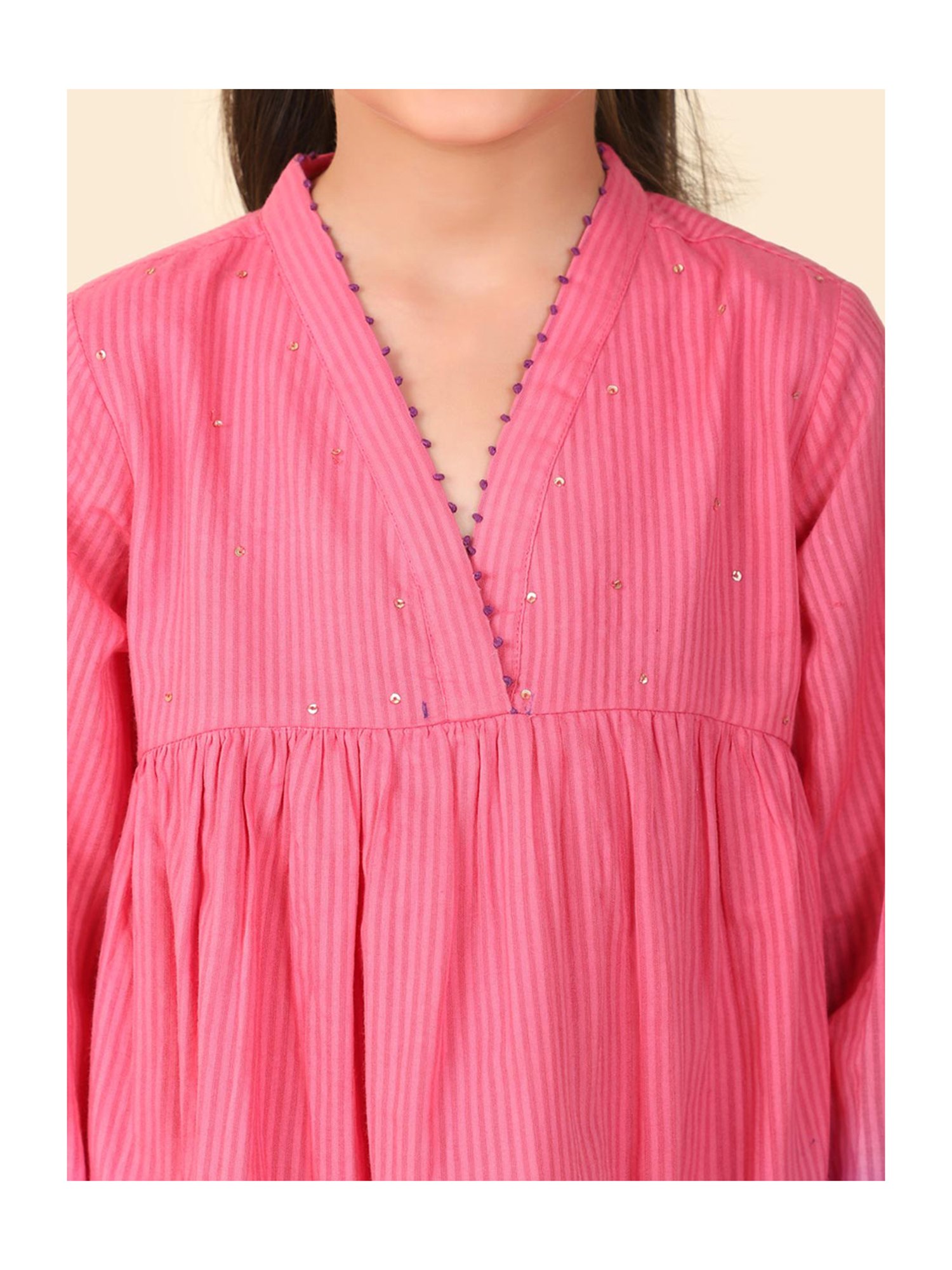 Fabindia Kids Pink & Purple Printed Full Sleeves Dress