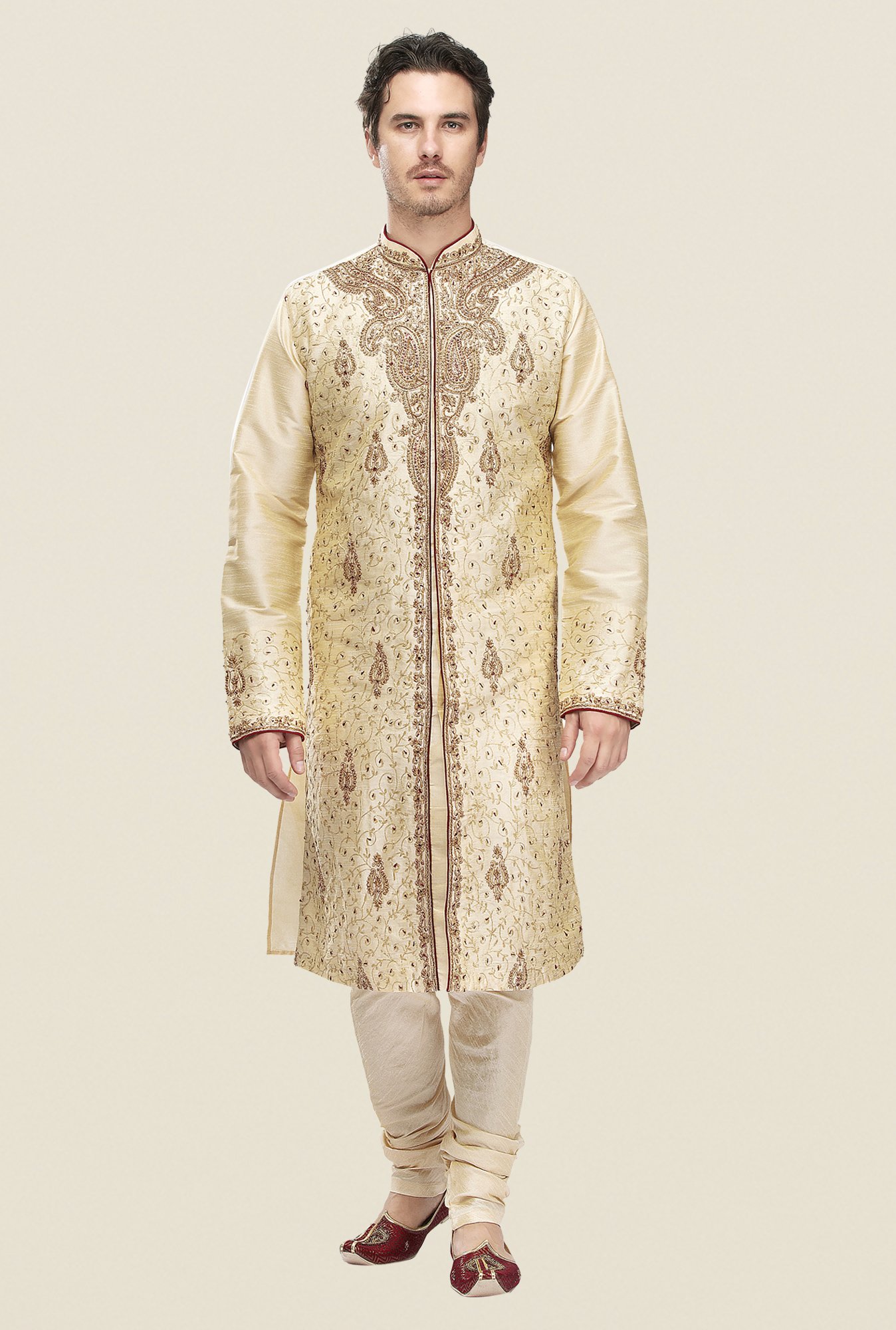 Manyavar Beige Embroidered Kurta & Chudidar Set