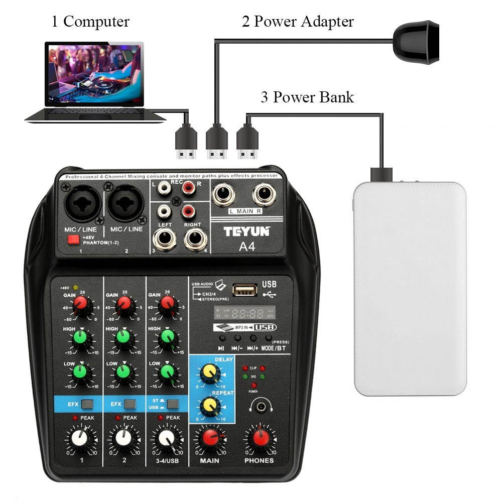 TU04 BT Sound Mixing Console Record 48V Phantom Power Monitor AUX Paths Plus Effects 4 Channels Audio Mixer with USB