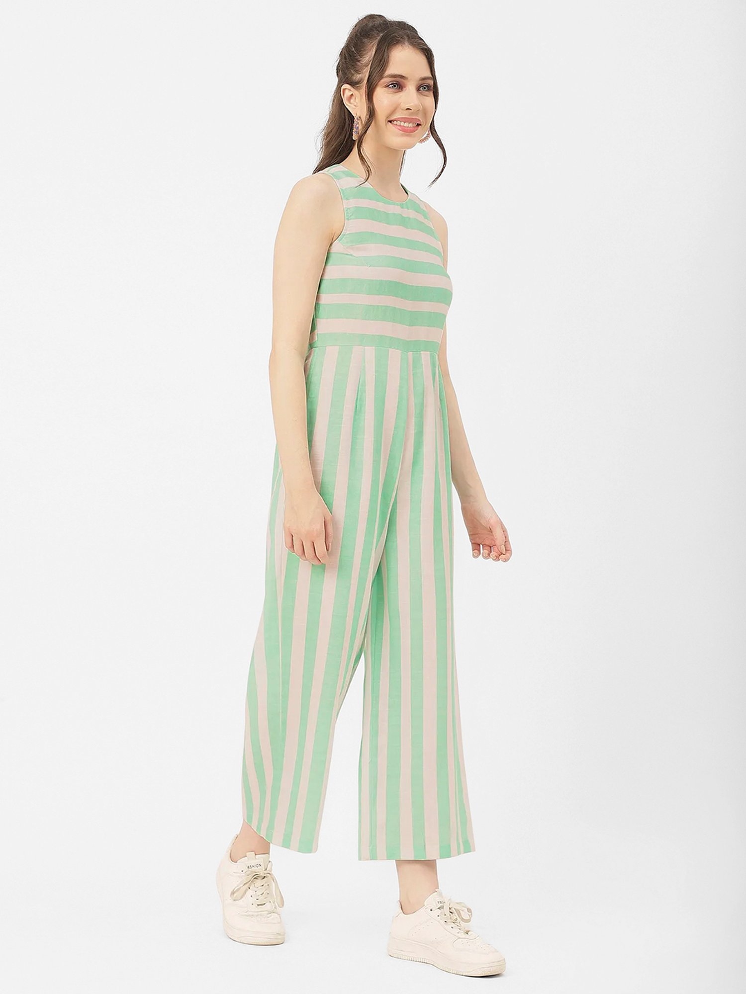 Moomaya Mint & Off White Cotton Blend Striped Jumpsuit