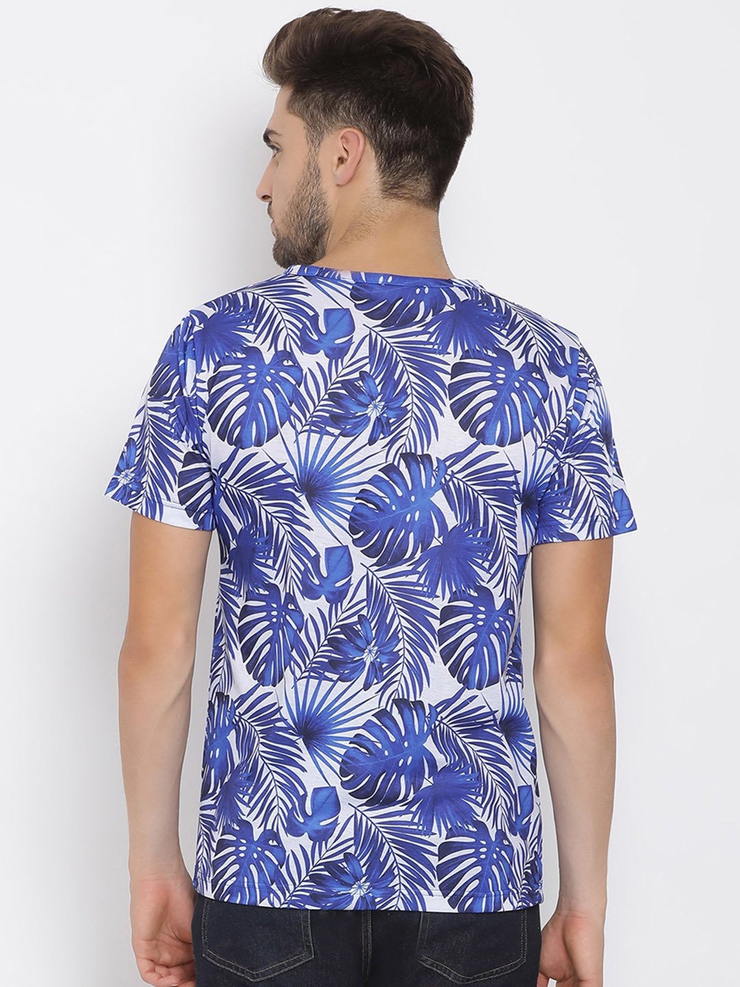 Hangup Plus White & Blue Regular Fit Printed Crew T-Shirt