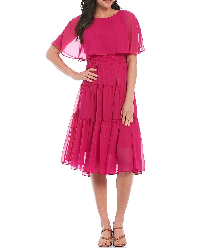 Maison Tara Short Sleeve Chiffon Capelet Tiered Dress