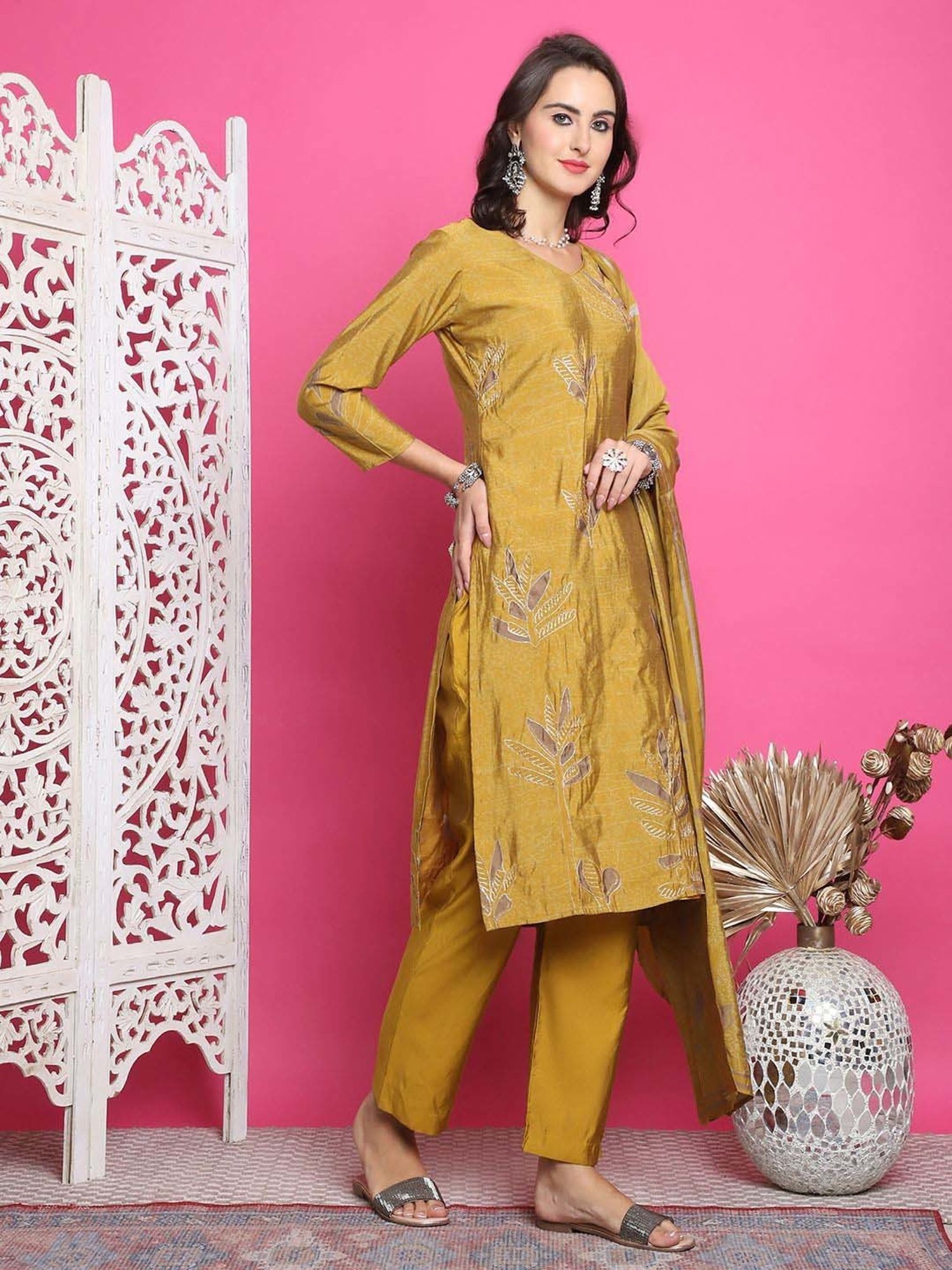Stylee LIFESTYLE Mustard Printed Unstitched Dress Material
