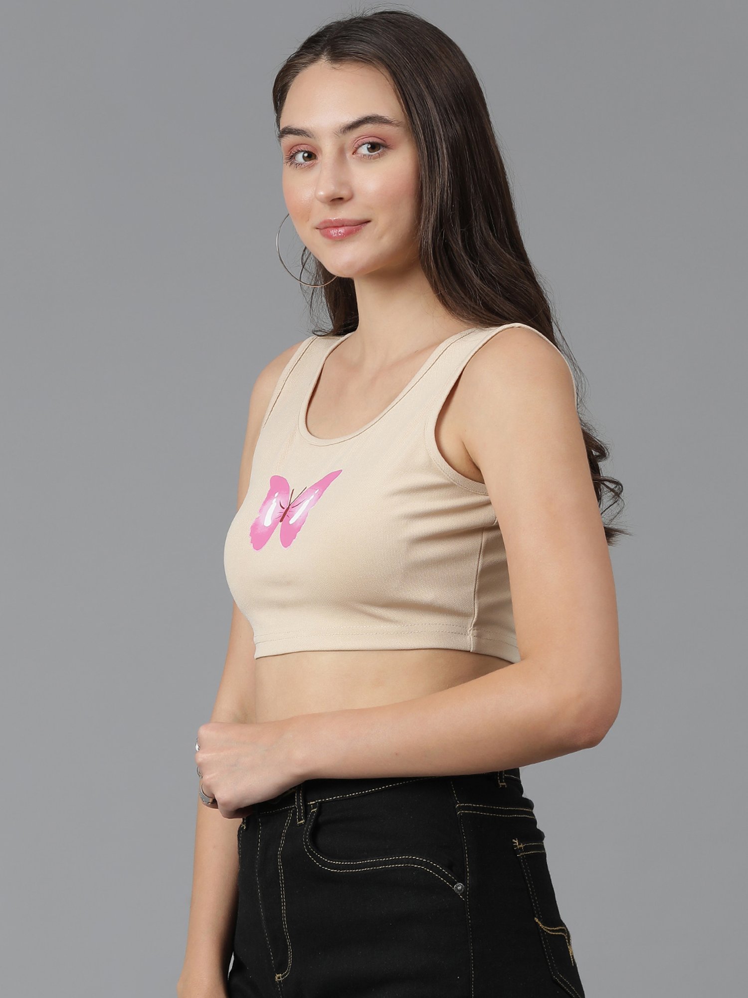 Kotty Beige Printed Crop Top