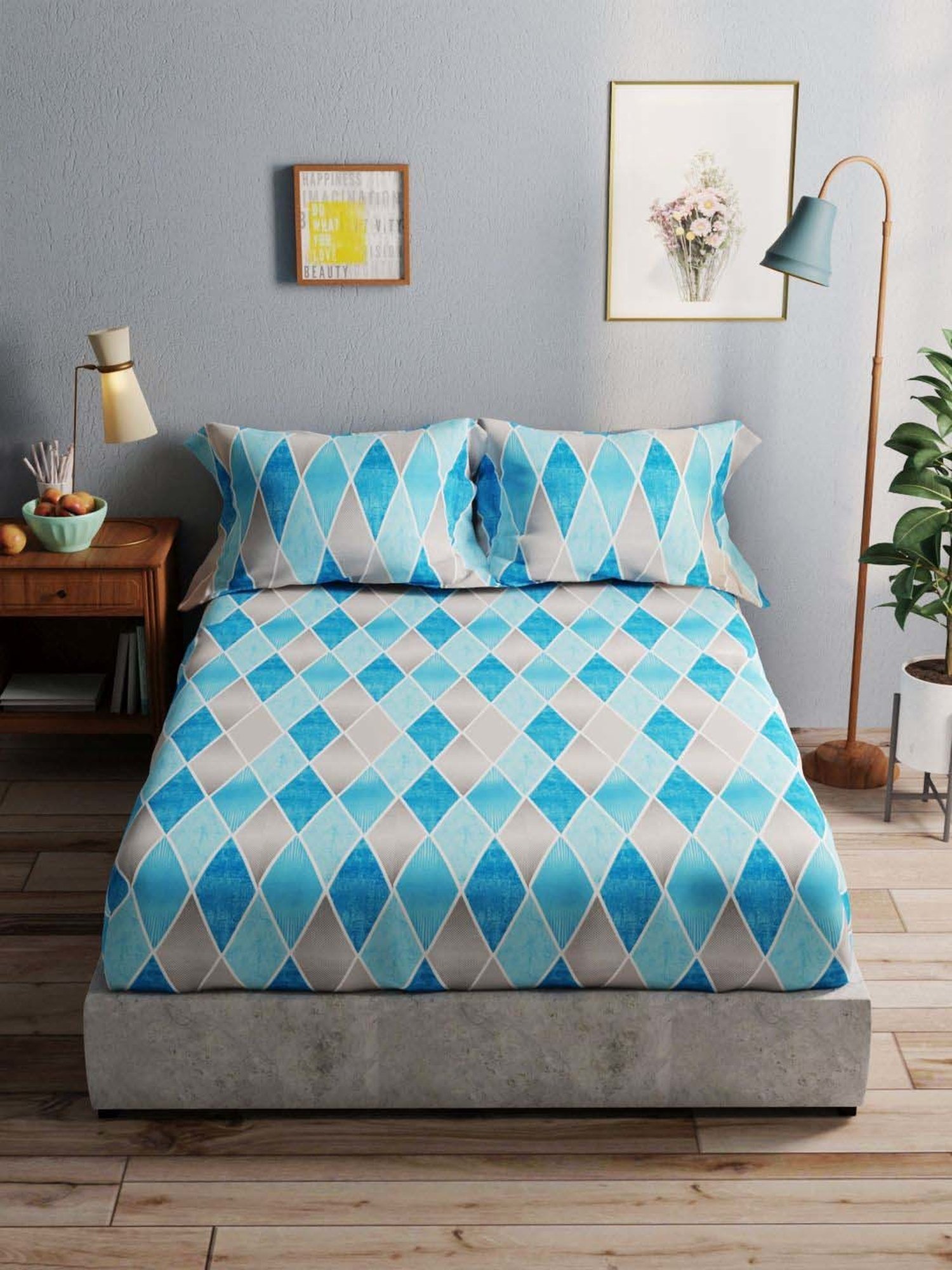 Bianca Amolina Blue 135 TC Cotton Double Bedsheet with 2 Pillow Covers
