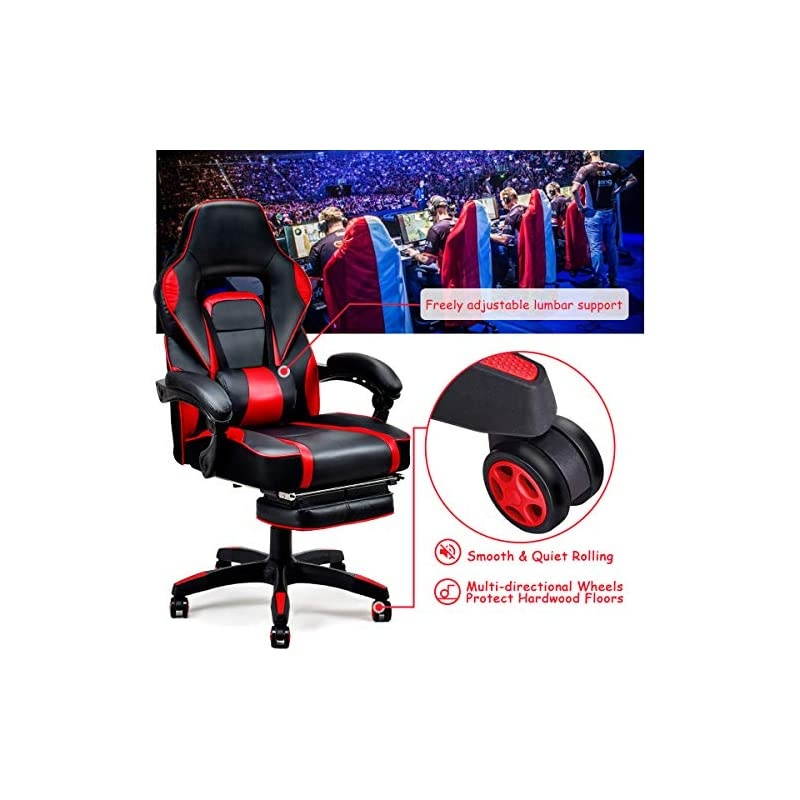 Ergonomic Gaming Chair, Executive Computer Office Chair with USB Massage Lumbar Cushion and Retractable Footrest, High Back Swivel Chair with Backrest and Height Adjustable (Red)