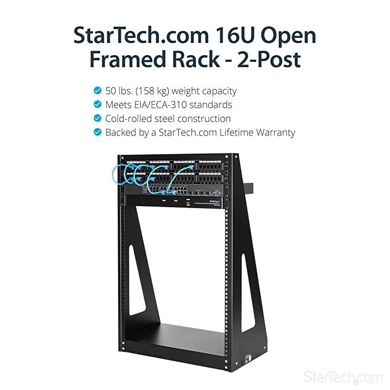 com 16U Open Frame Network Rack 19 2 Post Free Standing Desktop Rack for Computer AV Media IT Equipment for Server Room 2POSTRACK16