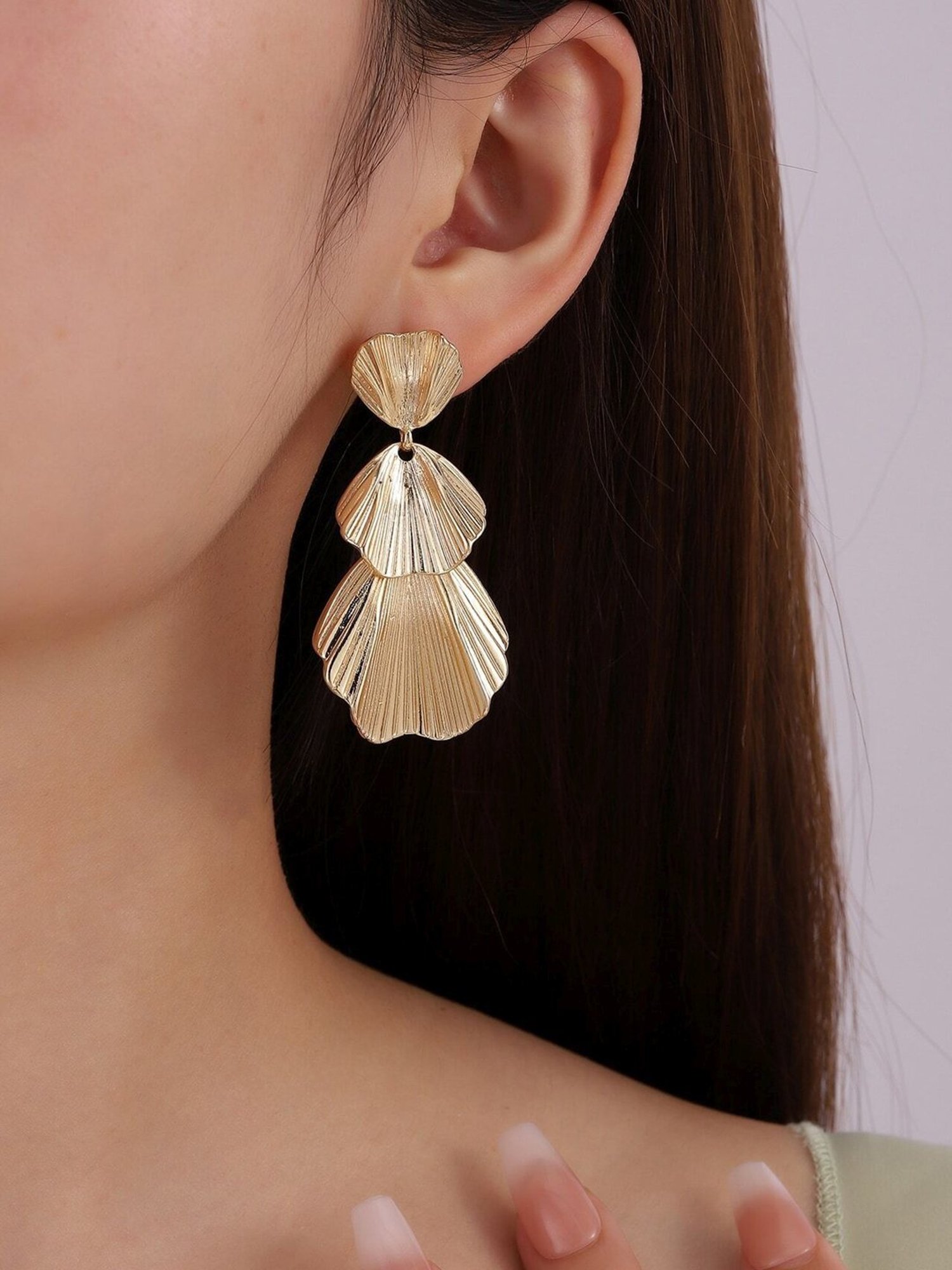OOMPH Gold Tone Ribbed Retro Vintage Layer Petal Leaf Party Wear Dangler Earrings